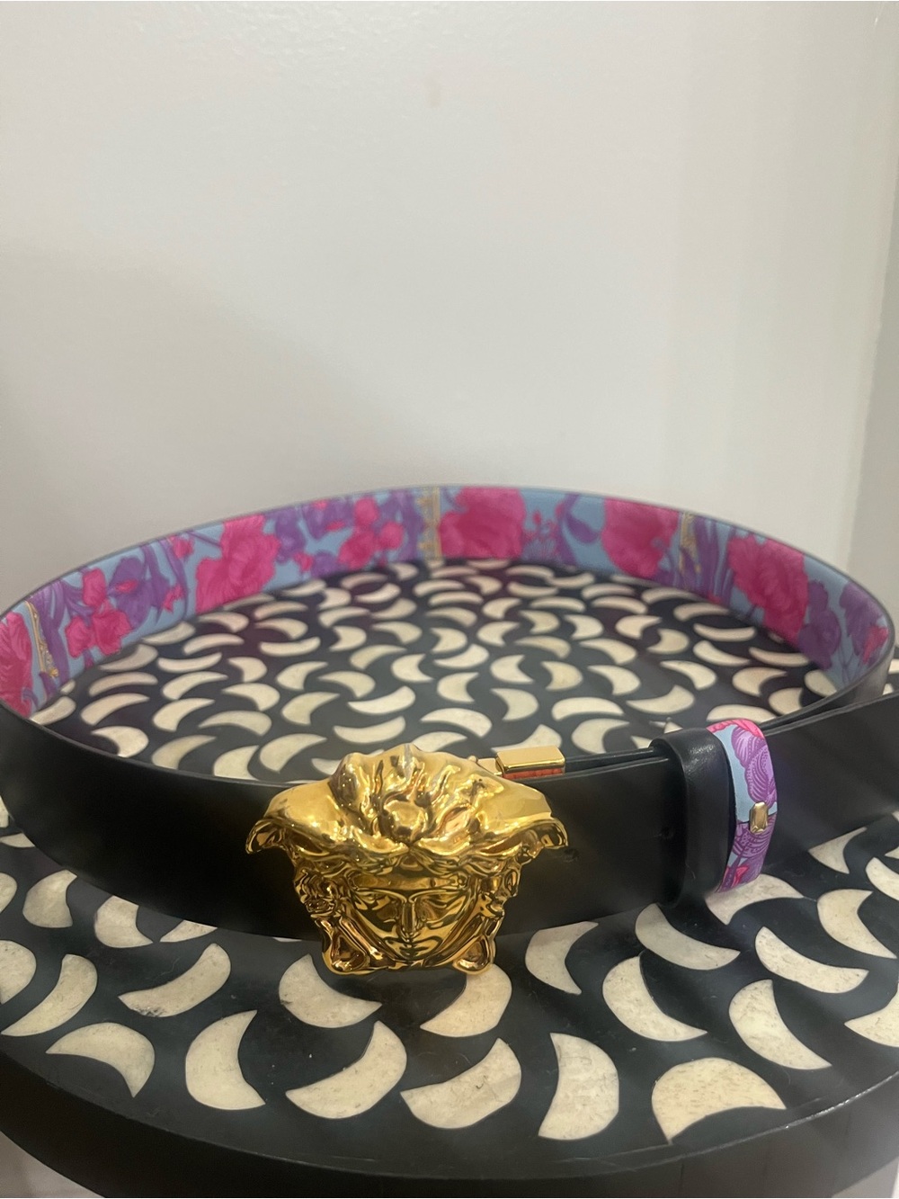 Versace Black Leather Belt w/ Gold Medusa Buckle ( reversible Pink Floral)